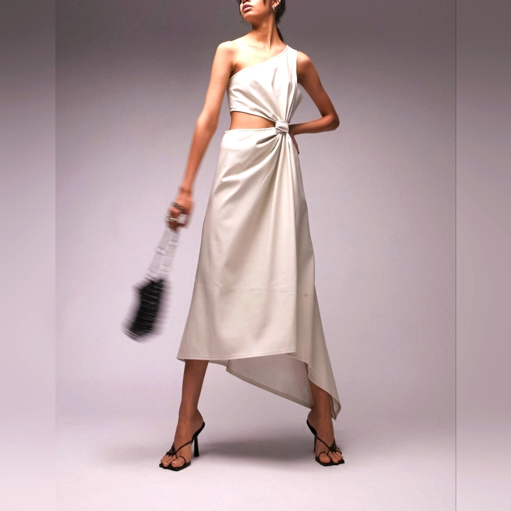 Topshop one shoulder faux leather midi dress